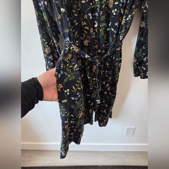 J.Jill Plus Size 3X Floral Shirt Dress Blouson Navy Blue Midi Pockets Waist Tie - Picture 5 of 9